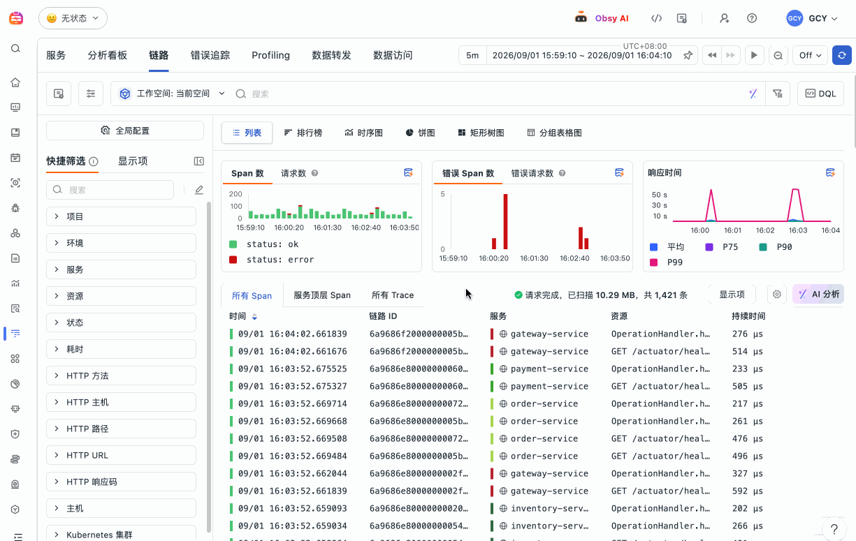 观测云 APM 展示 Span、错误数与响应时间分析