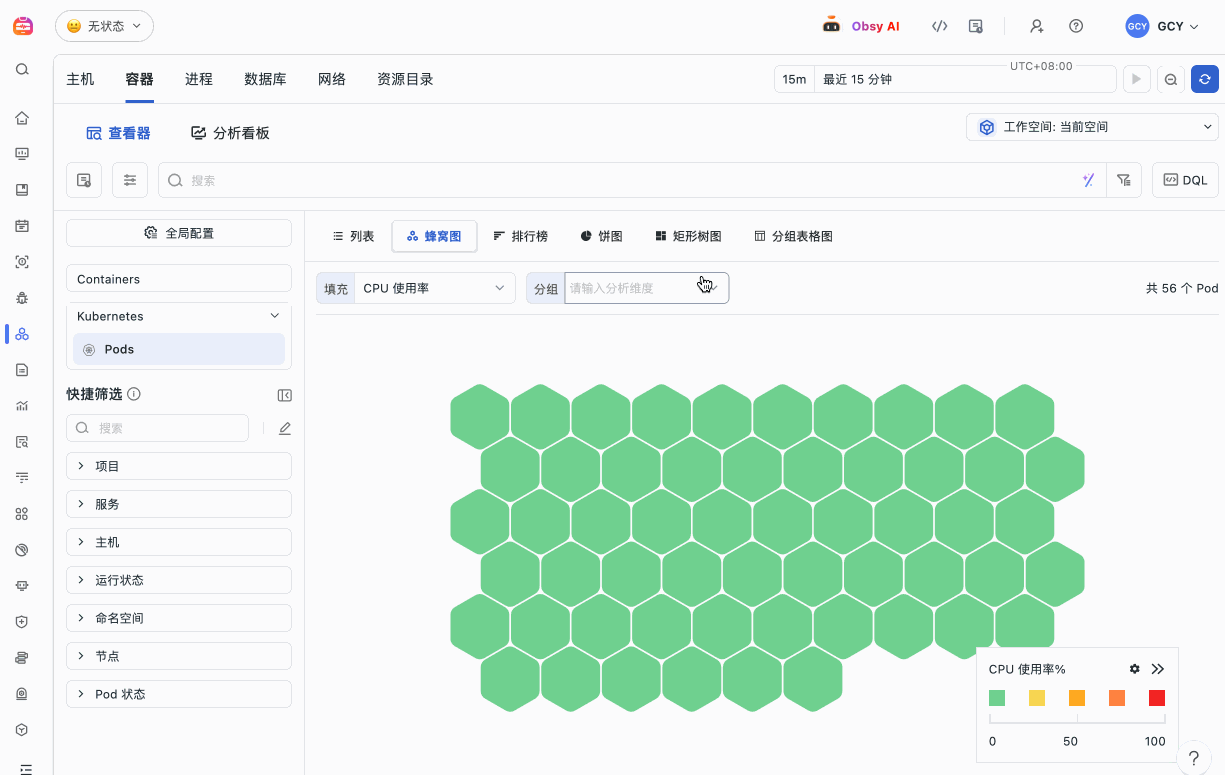 观测云基础设施监控通过蜂窝图展示 Kubernetes Pod 状态