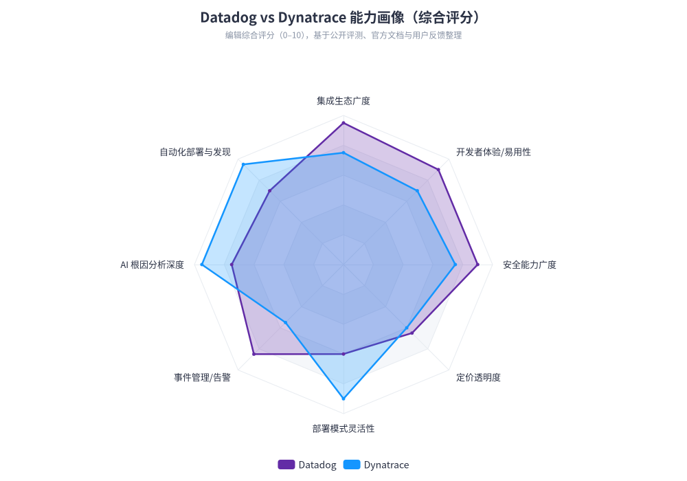 Datadog 与 Dynatrace 在集成、开发体验、安全、部署、事件管理和自动化等维度的能力雷达图